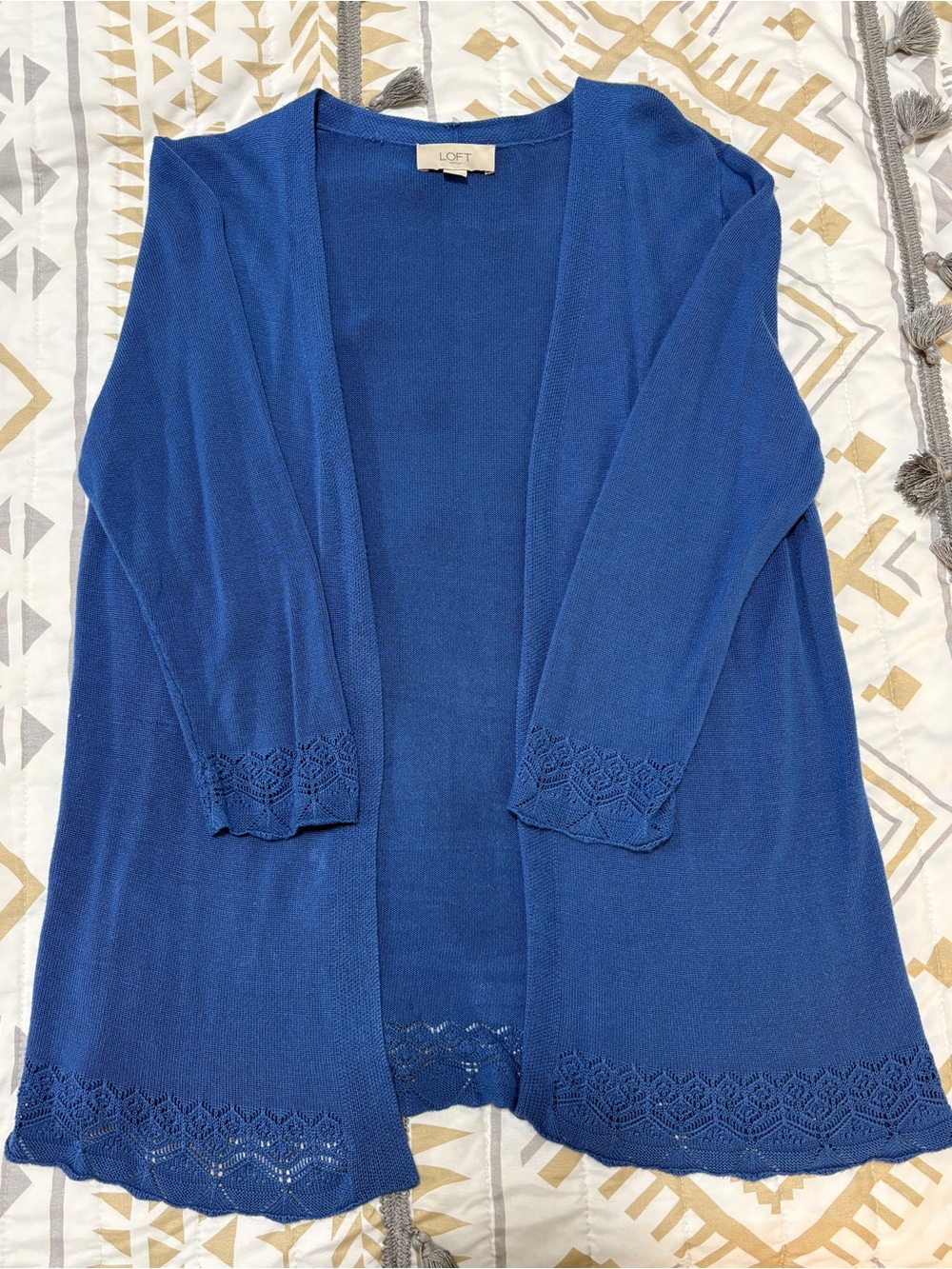 LOFT Women's Open-Front Blue Cardigan with crocheted lace detail